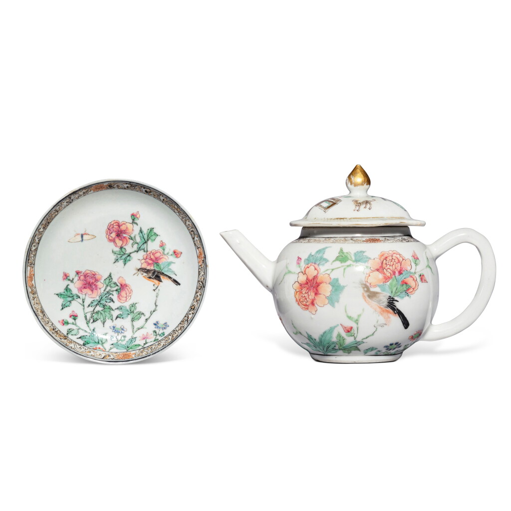 View full screen - View 1 of Lot 822. Two famille-rose 'bird and flower' teapot and saucer, Qing dynasty, Yongzheng period | 清雍正 粉彩花鳥紋瓷器一組兩件.