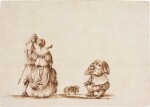 An Elegant Couple with a Dwarf, walking their dog