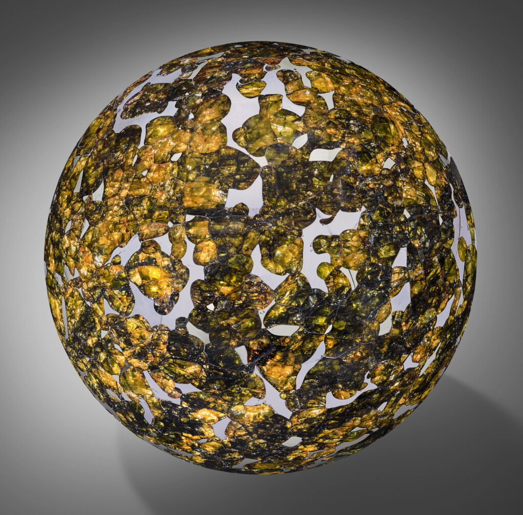 View full screen - View 1 of Lot 97. Seymchan Meteorite | Extraterrestrial Crystal Ball — Crystalline Structure of Seymchan Pallasite Dramatized in Sphere.