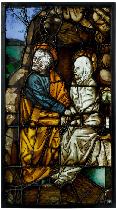 View full screen - View 1 of Lot 18. PROBABLY GERMAN, FIRST HALF 15TH CENTURY AND LATER | WINDOW PANEL WITH TWO SAINTS, POSSIBLY SAINT PETER AND SAINT LAZARUS.