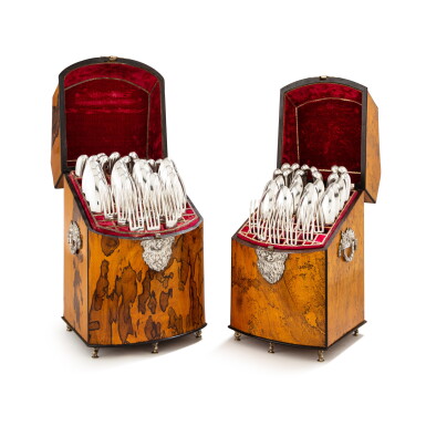 View full screen - View 1 of Lot 463. A Dutch set of 2 wooden cutlery boxes, the silver mounts by Schiottling & Stolting, Amsterdam, 1778, the flatware by different makers, mostly Amsterdam circa 1780 | Ensemble de 2 coffrets à couverts en bois montés en argent par Schiottling & Stolting, Amsterdam, 1778, les couverts par différents orfèvres, la majorité Amsterdam, vers 1780.