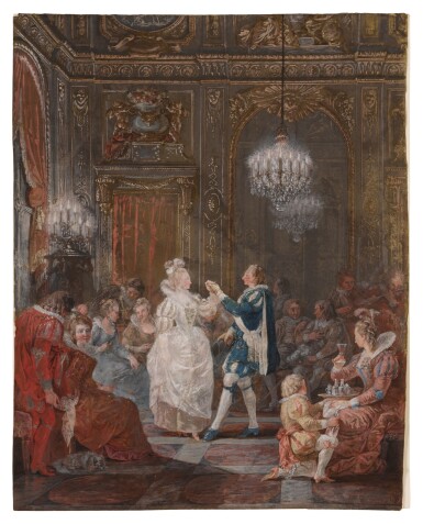 View full screen - View 1 of Lot 257. A party in a Louis XVI interior lit by a candelabra and a torchere, with a couple dancing the minuet.