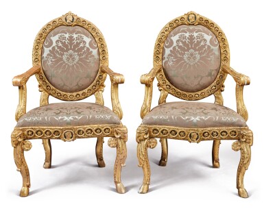 View full screen - View 1 of Lot 115. A PAIR OF ITALIAN NEOCLASSICAL GILTWOOD ARMCHAIRS, ROME, LATE 18TH CENTURY.
