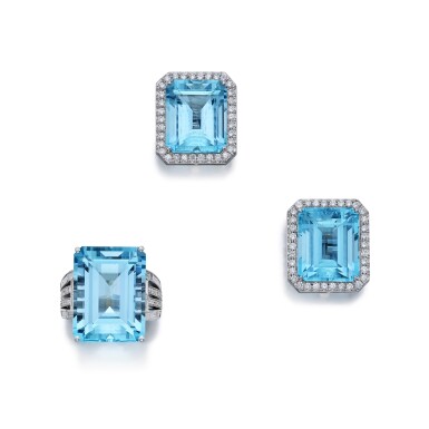 View full screen - View 1 of Lot 156. Aquamarine and Diamond Ring and Pair of Earclips.