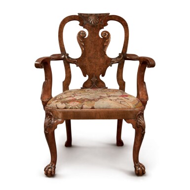 View full screen - View 1 of Lot 537. A GEORGE II WALNUT OPEN ARMCHAIR BY GILES GRENDEY, CIRCA 1740.