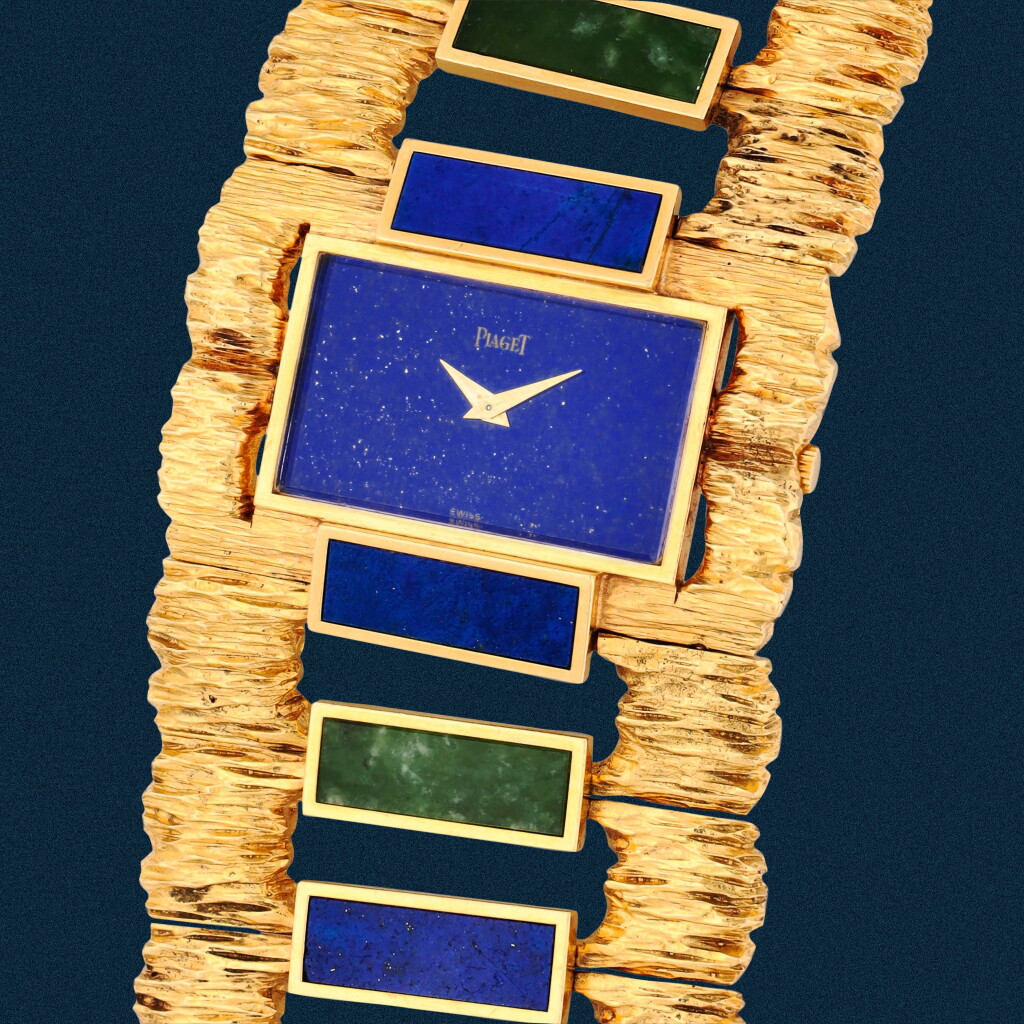 View full screen - View 1 of Lot 23. Reference 9212D76 | A yellow gold, lapis lazuli and jade bracelet watch | Circa 1970.