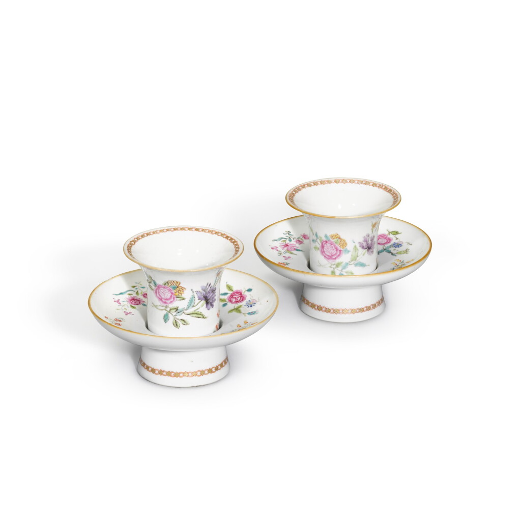 View full screen - View 1 of Lot 296. A pair of famille-rose trembleuse cups and saucers, Qing dynasty, 18th century.