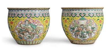 View full screen - View 1 of Lot 135. A pair of yellow-ground famille-rose 'figural' jardinières, 19th / early 20th century.