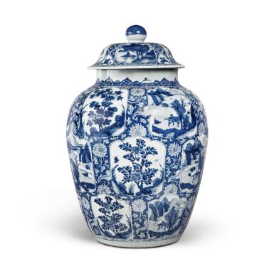 View full screen - View 1 of Lot 938. A large blue and white 'landscape' baluster jar and cover, Qing dynasty, Kangxi period | 清康熙 青花開光山水花卉圖大蓋罐.