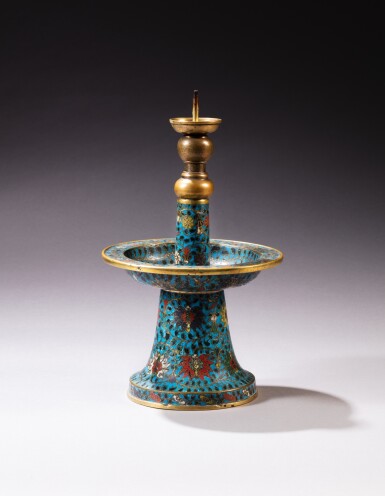 View full screen - View 1 of Lot 31. A gilt-bronze and cloisonné enamel 'lotus' candlestick, Ming dynasty, 16th century | 明十六世紀 掐絲琺瑯纏枝蓮紋燭臺 .