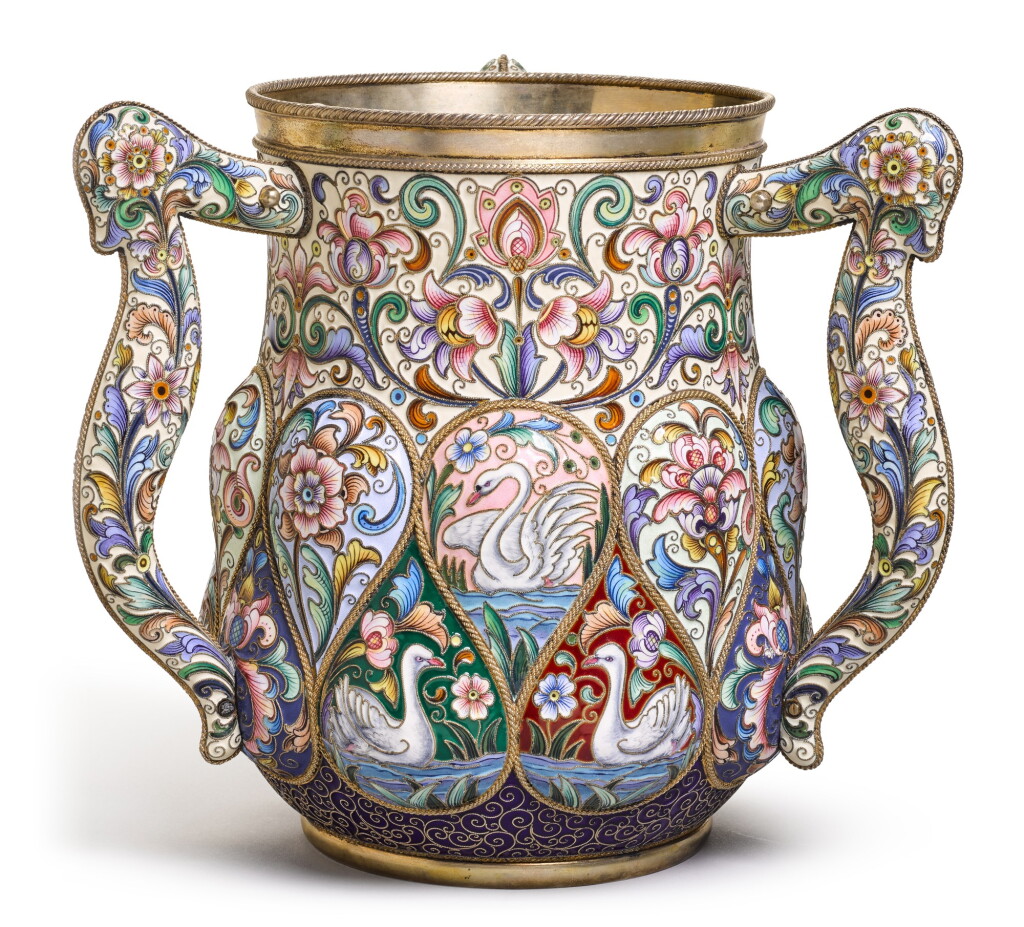 View full screen - View 1 of Lot 150. A large and impressive silver-gilt and cloisonné enamel three-handled cup, Feodor Rückert, Moscow, 1899-1908.