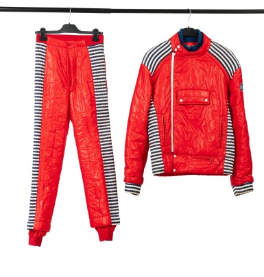 View full screen - View 1 of Lot 273. Ski Set: Jacket and pants in red, navy blue, and white.