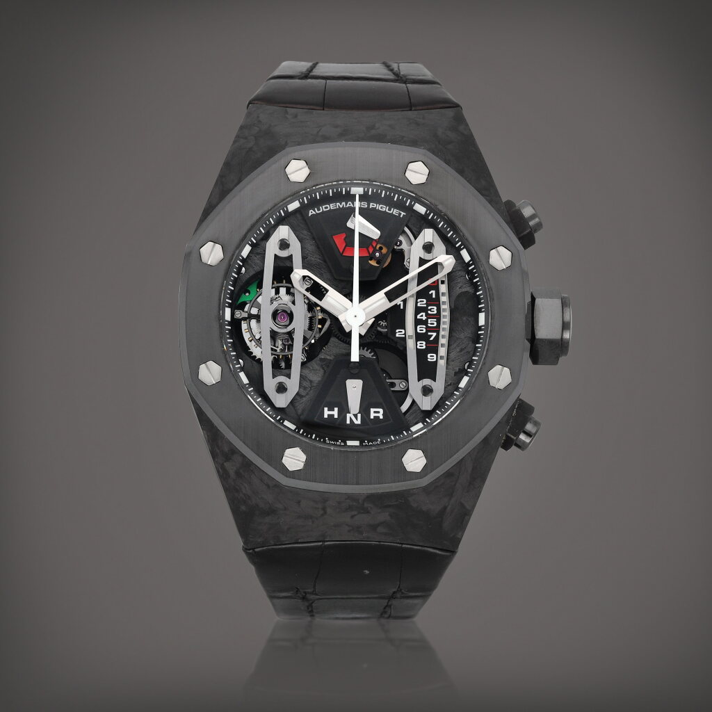 View full screen - View 1 of Lot 2213. Royal Oak Concept Tourbillon, Reference 26265FO.OO.D002CR.01 | A forged carbon, titanium and ceramic semi-skeletonised tourbillon chronograph wristwatch with 237 hours power reserve and dynamographe indication, Circa 2010 | 愛彼 | 皇家橡樹概念系列 型號26265FO.OO.D002CR.01 | 鍛碳、鈦金屬及陶瓷半鏤空陀飛輪計時腕錶,備237小時動力儲備顯示及動力描計器,約2010年製.