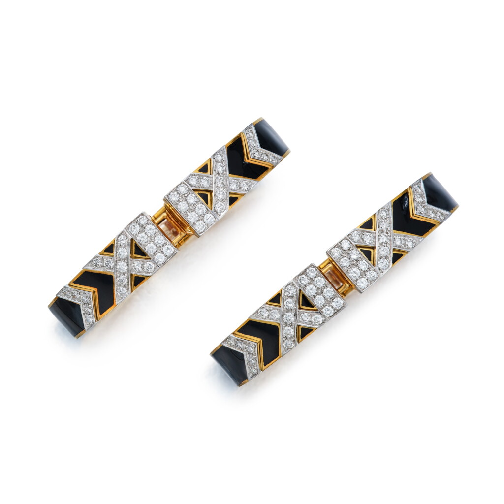 View full screen - View 1 of Lot 30. Pair of Gold, Enamel and Diamond Cuff-Bracelets.