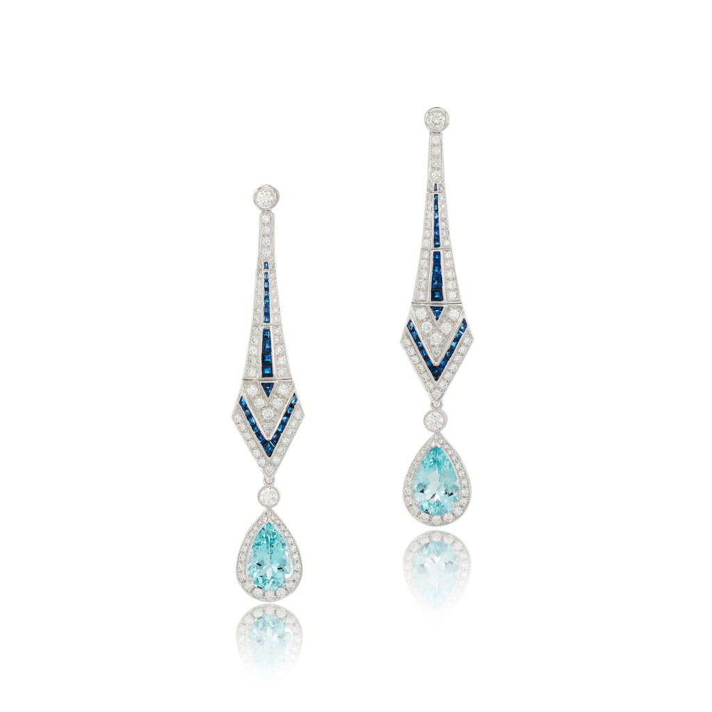 View full screen - View 1 of Lot 13. Aquamarine, Sapphire and Diamond Pendent Earrings.