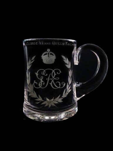 View full screen - View 1 of Lot 21. An engraved glass tankard celebrating King George VI and Queen Elizabeth's visit to America on the Royal Tour of North America, 1939.