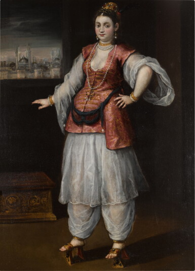 View full screen - View 1 of Lot 120. ANDREA DEL MICHIELI, CALLED VICENTINO | PORTRAIT OF A SULTANA, FULL-LENGTH, WEARING WHITE SALVAR AND GÖMLEK, AND A RED AND GOLD EMBROIDERED YELEK, WITH A CAPRICCIO OF CONSTANTINOPLE BEYOND.