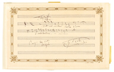 View full screen - View 1 of Lot 69. G. Verdi. Autograph musical quotation signed, of 'Tutto nel mondo è burla', from "Falstaff", Paris, 14 October 1894.