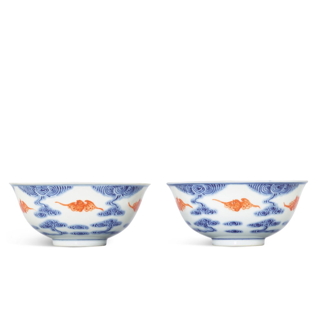 View full screen - View 1 of Lot 444. A pair of underglaze-blue and iron-red 'bats' bowls, Marks and period of Guangxu 清光緒 青花礬紅彩洪福齊天紋盌一對 《大清光緒年製》款.