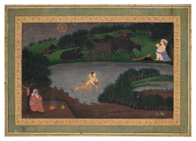View full screen - View 1 of Lot 525. Sohini Swimming to Meet Mahiwal at Night, Provincial Mughal, Awadh / Lucknow, circa 1780s.