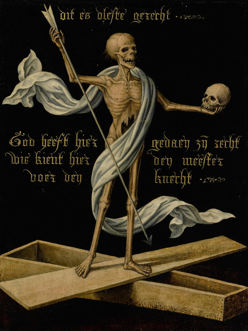 View full screen - View 1 of Lot 3. NETHERLANDISH SCHOOL, MID-16TH CENTURY | A SKELETON STANDING ON AN OPEN COFFIN HOLDING A SKULL AND AN ARROW, AS AN ALLEGORY OF EARTHLY VANITY AND DIVINE SALVATION.