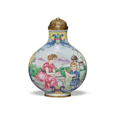 View full screen - View 1 of Lot 67. A painted enamel 'European subject' snuff bottle, Mark and period of Qianlong | 清乾隆 銅胎畫琺瑯西洋人物圖鼻煙壺 《乾隆年製》款.