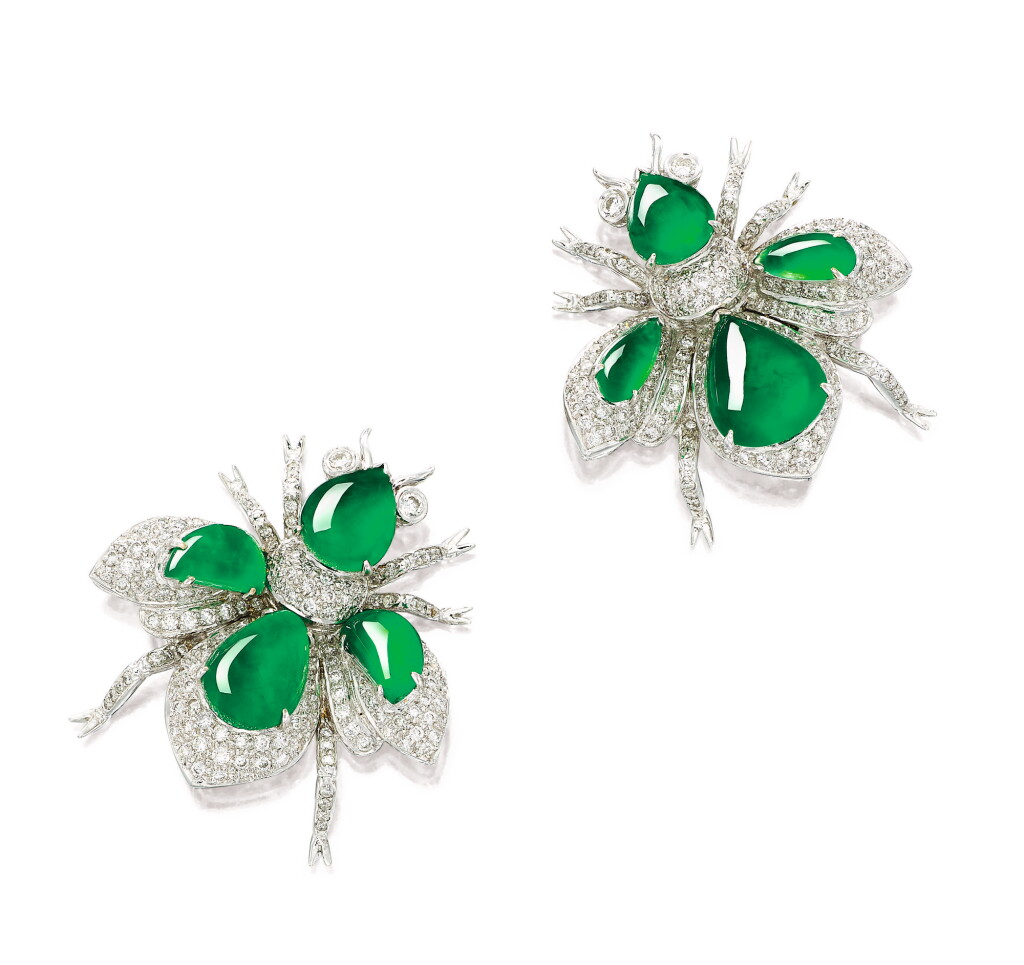 View full screen - View 1 of Lot 1626. Pair of Jadeite and Diamond Brooches | 天然翡翠 配 鑽石 胸針一對.