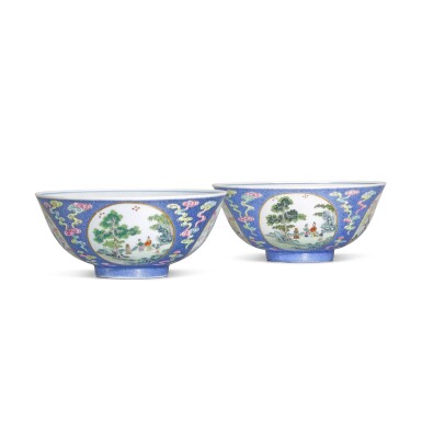View full screen - View 1 of Lot 26. A pair of blue-ground famille-rose sgraffiato 'medallion' bowls, Seal marks and period of Daoguang.