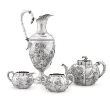 View full screen - View 1 of Lot 161. A Chinese export silver three-piece tea service and an associated ewer, Wang Hing, late 19th century.