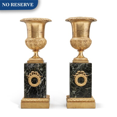 View full screen - View 1 of Lot 284. A Pair of Gilt Bronze Campana Vases on Verde Antico Veneered Pedestal Bases, 19th Century.