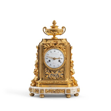 View full screen - View 1 of Lot 750. A Louis XVI gilt-bronze and white marble mantel clock, Paris, circa 1785, by Jean-Gabriel Imbert.