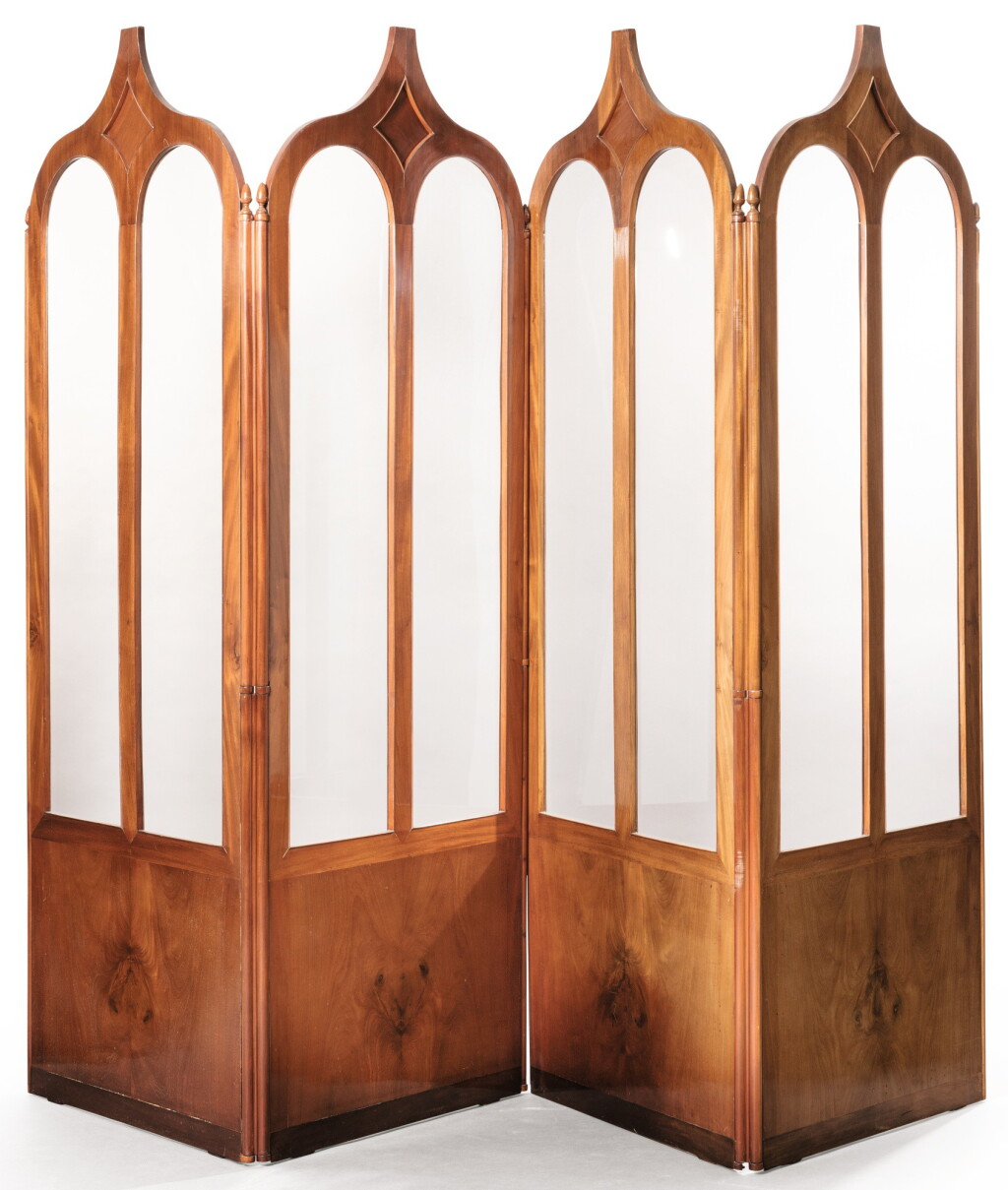 View full screen - View 1 of Lot 21. A NEO-GOTHIC STYLE GLASS, WALNUT AND STAINED WALNUT FOUR LEAFS SCREEN | PARAVENT À QUATRE FEUILLES EN VERRE, NOYER ET NOYER TEINTÉ DE STYLE NÉO-GOTHIQUE.