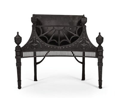 View full screen - View 1 of Lot 50. A GEORGE III CAST-IRON CONCAVE FIRE GRATE, LAST QUARTER 18TH CENTURY, ATTRIBUTED TO THE CARRON IRONWORKS IN FALKIRK.