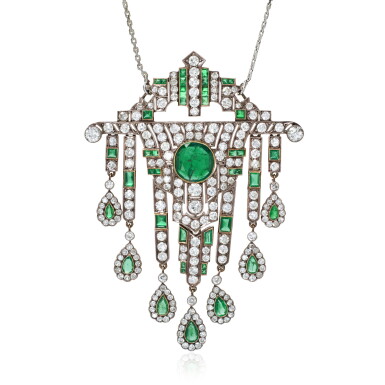View full screen - View 1 of Lot 907. Emerald and diamond pendant, early 20th century.