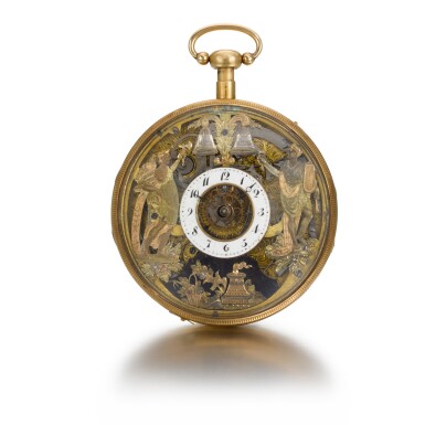View full screen - View 1 of Lot 285. SWISS | A GOLD QUARTER REPEATING EROTIC AUTOMATON WATCH WITH JACQUEMARTS, CIRCA 1790.