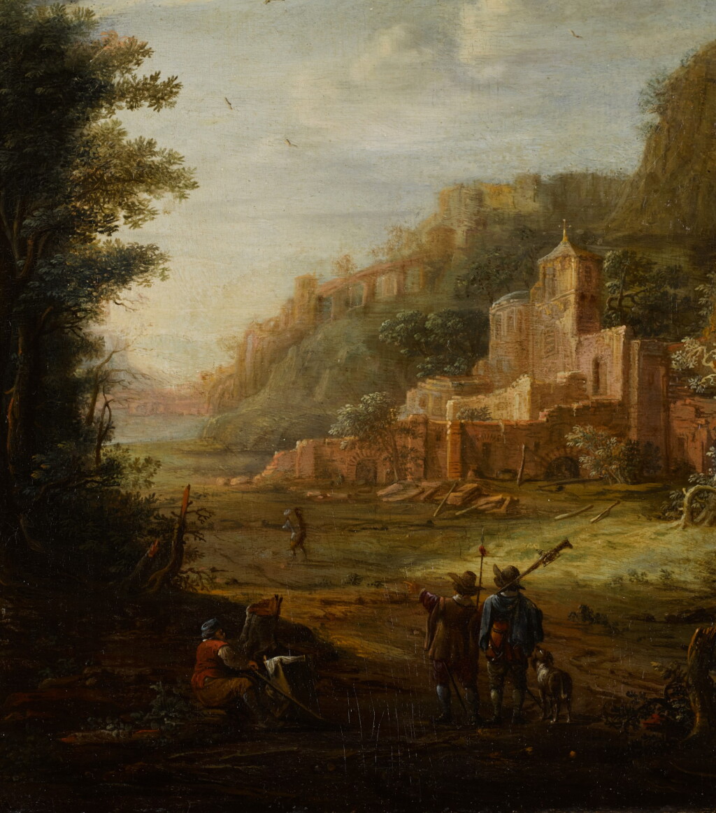 View full screen - View 1 of Lot 39. EGLON HENDRICK VAN DER NEER | Wooded landscape with two hunters at the entrance to a valley.