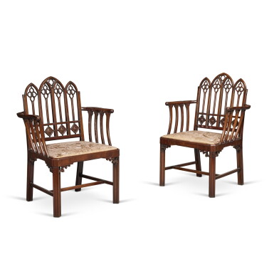View full screen - View 1 of Lot 54. A Pair of George III Mahogany and Mahogany-Veneered Armchairs, Circa 1765.