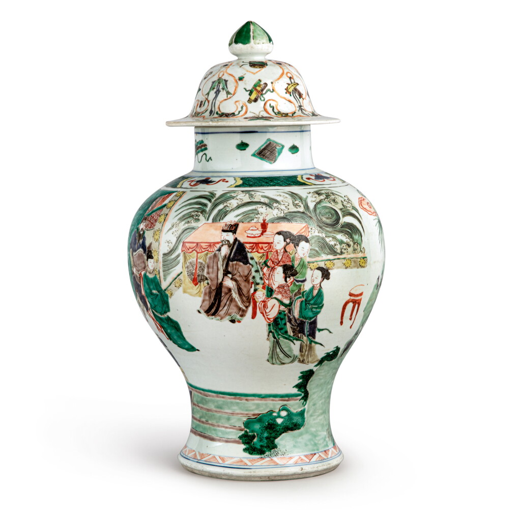 View full screen - View 1 of Lot 275. A famille-verte 'Romance of the Western Chamber' baluster jar and a cover, Qing dynasty, Kangxi period | 清康熙 五彩西廂記人物故事圖罐配蓋.
