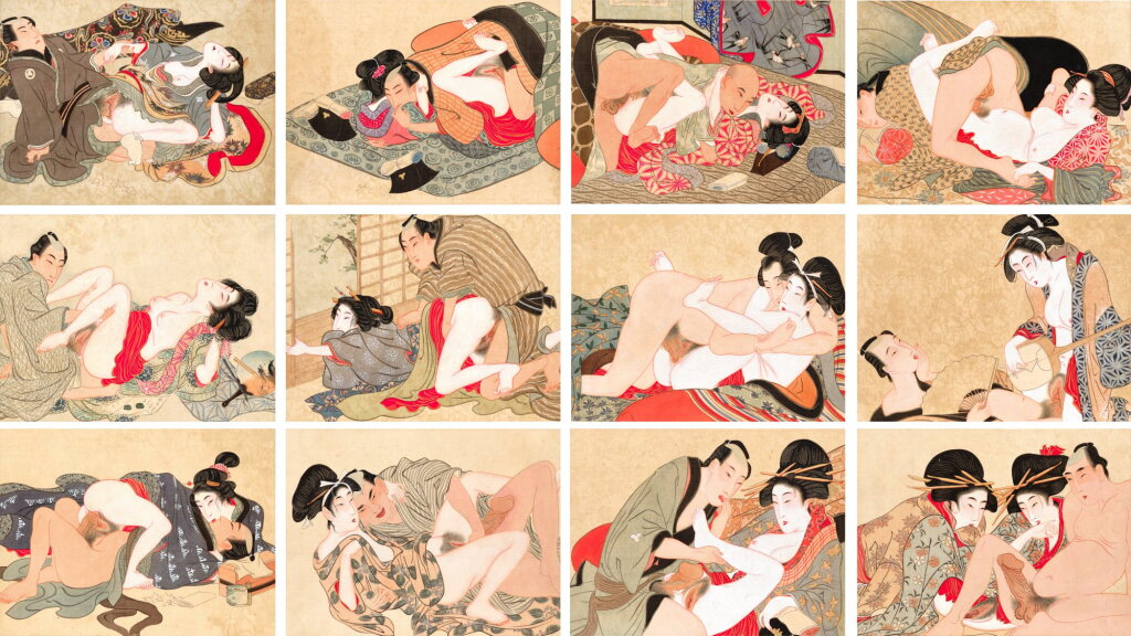 View full screen - View 1 of Lot 3602. An album of twelve Japanese erotic paintings, Edo period, late 19th century | 江戶時期 十九世紀晚期 風俗畫一冊十二幅.
