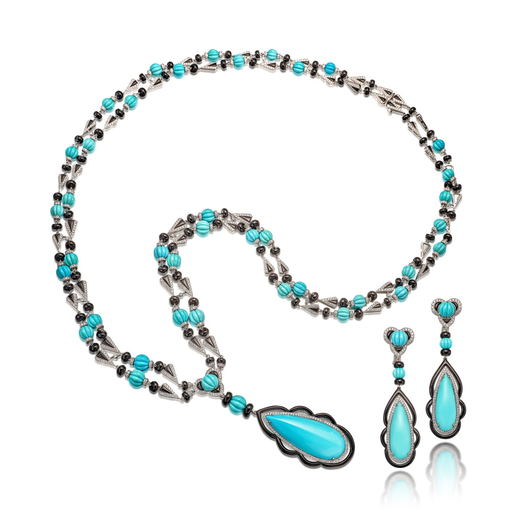 View full screen - View 1 of Lot 1611. TURQUOISE, BLACK AGATE AND DIAMOND DEMI-PARURE | 綠松石 配 縞瑪瑙 配 鑽石 項鏈 及 耳環 套裝.