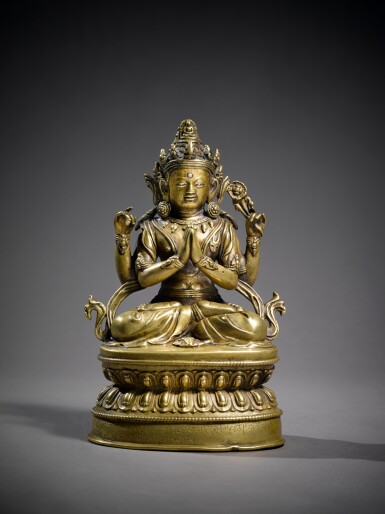 View full screen - View 1 of Lot 338. A Copper Alloy Figure of Sadakshari Lokeshvara with Silver Inlay, Tibet, 16th Century.