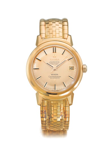 View full screen - View 1 of Lot 186. OMEGA | REF 2988 SC CONSTELLATION RETAILED BY MEISTER: A YELLOW GOLD AUTOMATIC WRISTWATCH WITH DATE AND BRACELET CIRCA 1960.