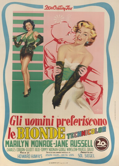 View full screen - View 1 of Lot 120. Gentlemen Prefer Blondes/ Gli Uomini Preferiscono le Bionde (1953), first Italian release poster (1954).