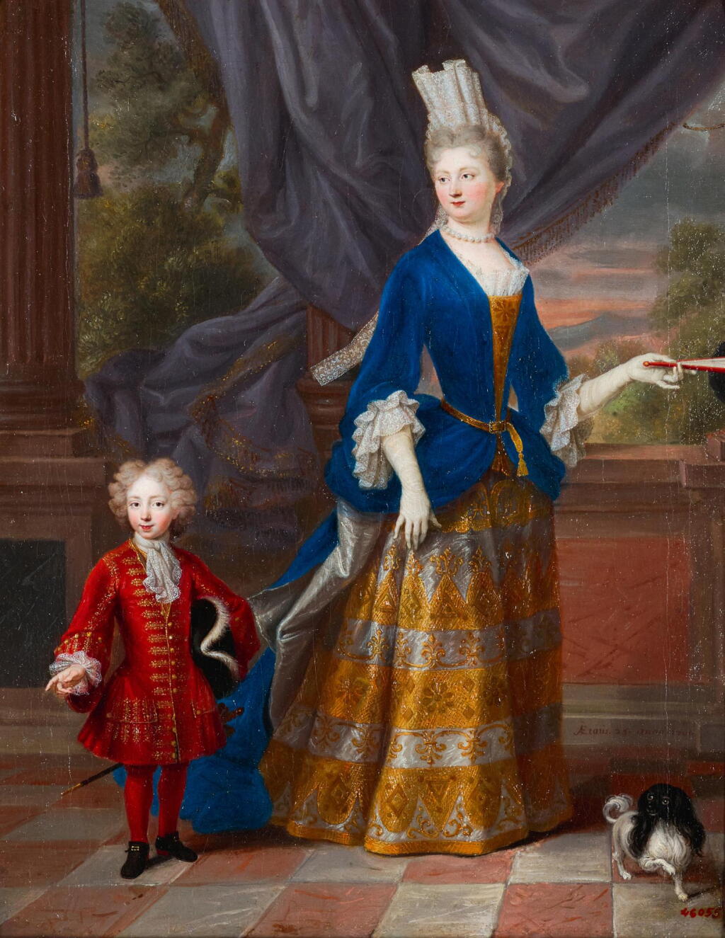 View full screen - View 1 of Lot 67. FRENCH SCHOOL, CIRCA 1700 | A portrait of an elegant lady, aged 25, together with a young boy and a spaniel.