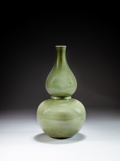 View full screen - View 1 of Lot 41. A rare 'Longquan' celadon-glazed double-gourd vase, Ming dynasty | 明 龍泉青釉葫蘆瓶.