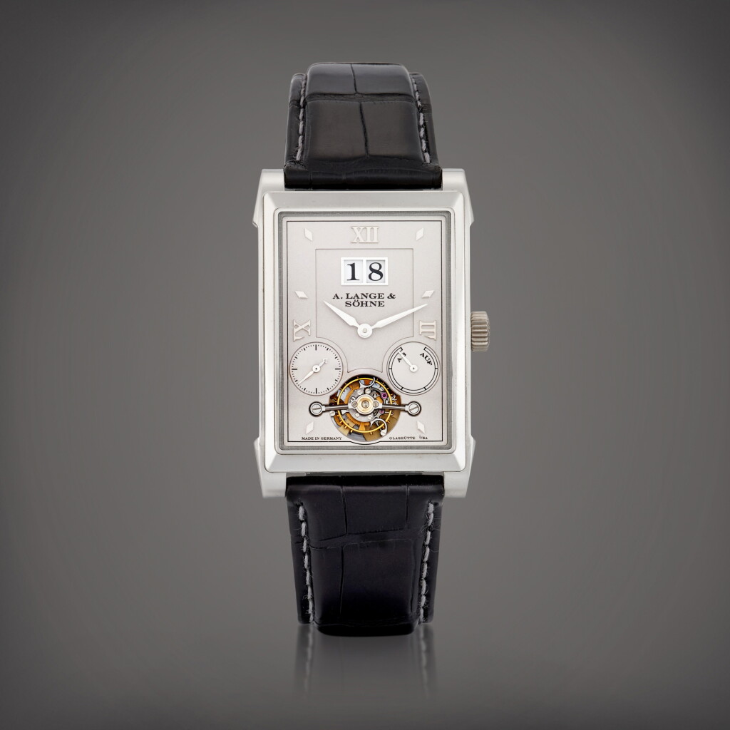View full screen - View 1 of Lot 2167. Cabaret Tourbillon, Reference 703.025 | A platinum tourbillon wristwatch with digital date display and power reserve indication, Circa 2008 | 朗格 | Cabaret Tourbillon 型號703.025 | 鉑金陀飛輪腕錶,備數位日期及動力儲備顯示,約2008年製.