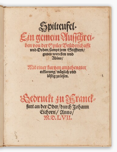 View full screen - View 1 of Lot 59. Eustachius Schildo | Spilteufel, Frankfurt, 1557, first edition.