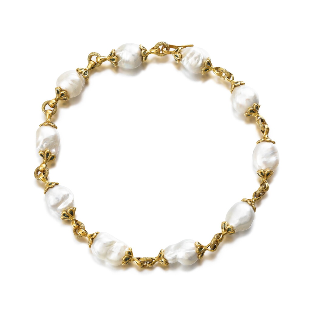 View full screen - View 1 of Lot 53. Baroque cultured pearl and enamel necklace | Collier perles de culture baroques et émai.
