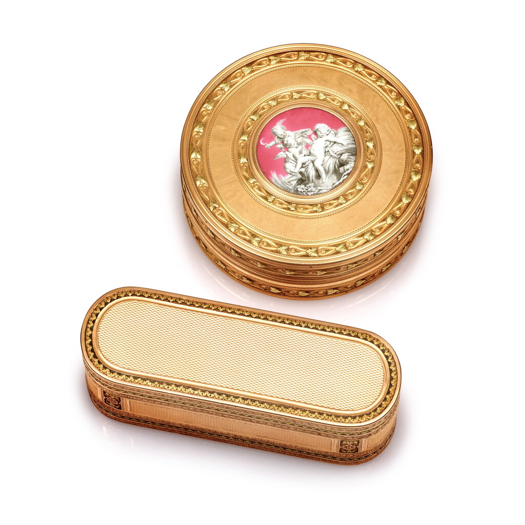 View full screen - View 1 of Lot 1083. A two-coloured gold quatruple-opening snuff box, Louis Tronquoy, Paris, 1838-1847 and a two-coloured gold and enamel bonbonniere, Paris, 1768-1774 .