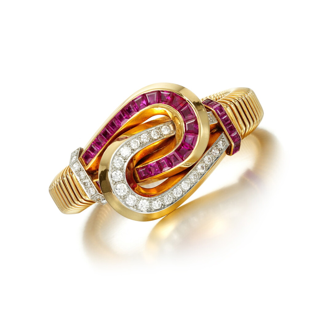 View full screen - View 1 of Lot 155. A ruby and diamond bracelet, circa 1950 .